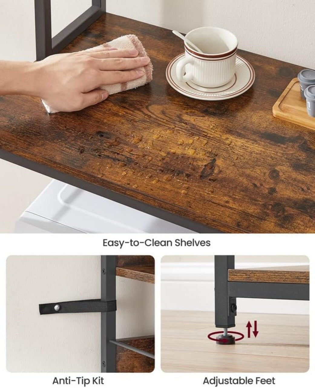 VASAGLE 5-Tier Bakers Rack with Power Outlet – Kitchen Storage Shelf, Rustic Brown & Black