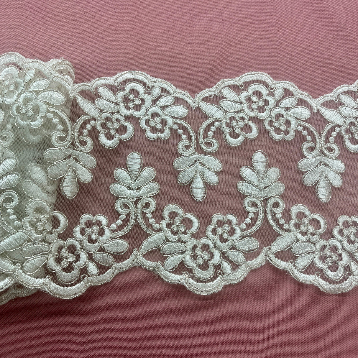 Corded Floral Lace Trim Ivory 6 Inch