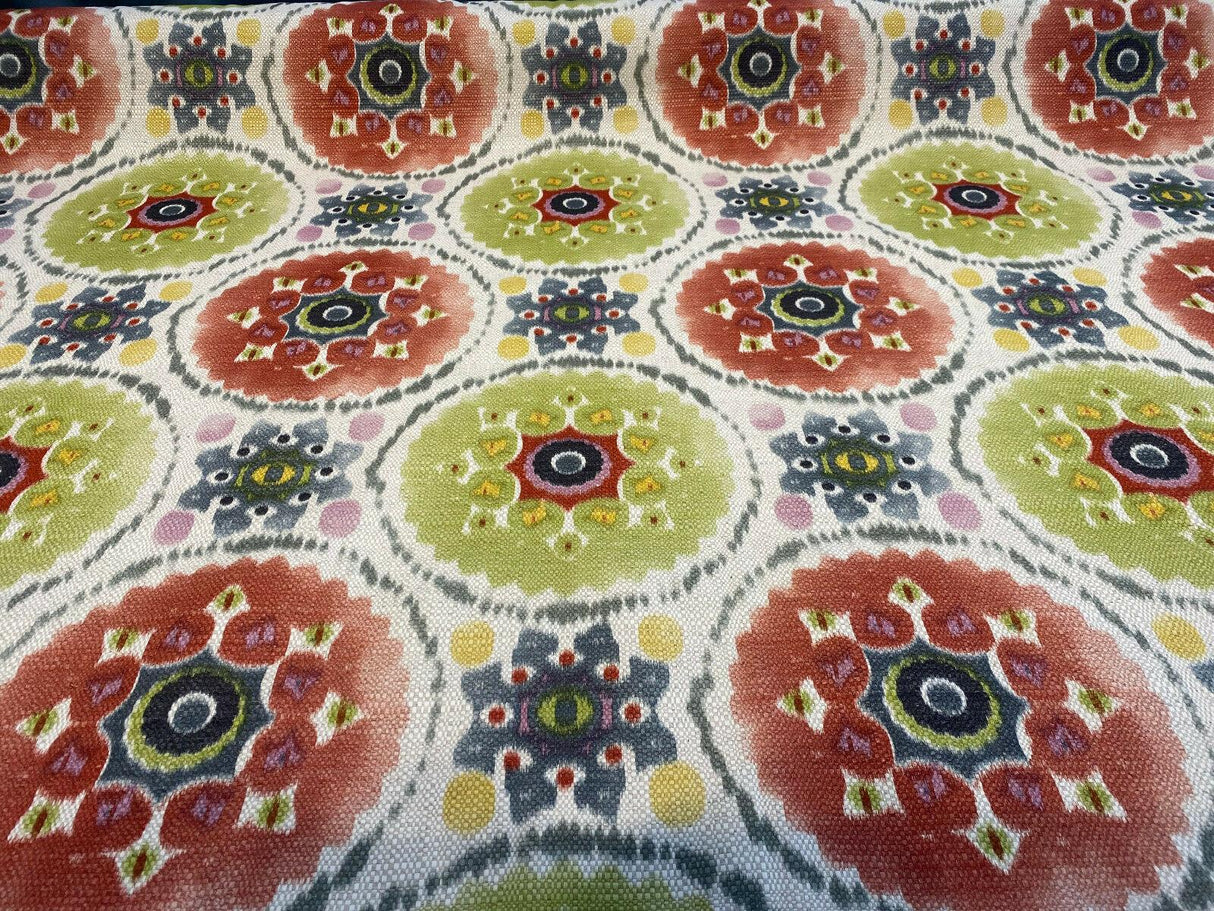 Harlow Bohemian Candy Linen Fabric - Multi Red, Blue, Green, Yellow, Pink Circles, 13" x 13" Repeat (1 Yard)