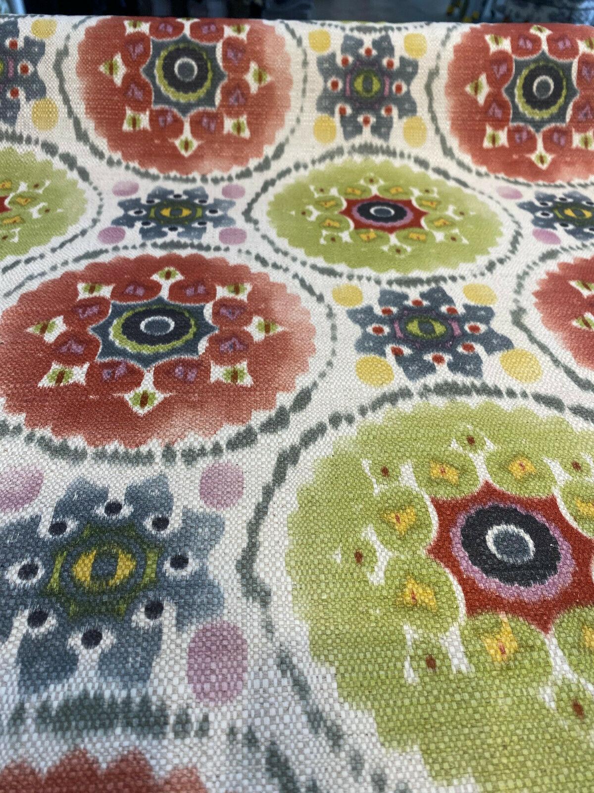 Harlow Bohemian Candy Linen Fabric - Multi Red, Blue, Green, Yellow, Pink Circles, 13" x 13" Repeat (1 Yard)