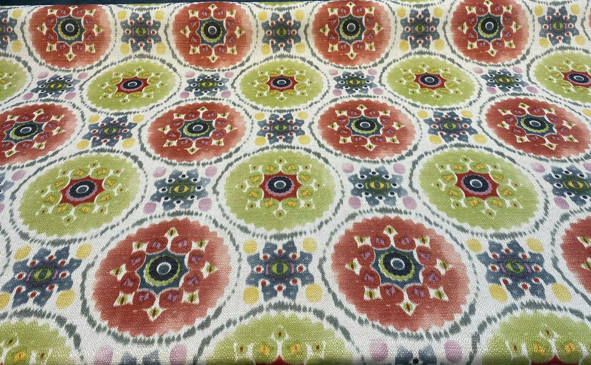 Harlow Bohemian Candy Linen Fabric - Multi Red, Blue, Green, Yellow, Pink Circles, 13" x 13" Repeat (1 Yard)