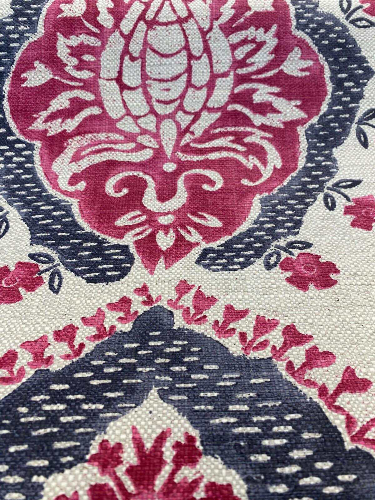 Avo Raspberry Linen Fabric - Suzanni Floral, Raspberry Dark Pink With Charcoal On Beige Linen Background, 28" H X 23.5" V Repeat, 1 Yard