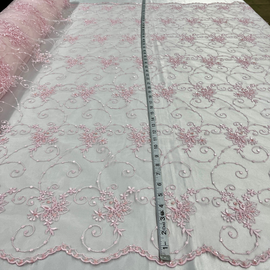 1 Yard - Beaded Lace Fabric Embroidered on 100% Polyester Net Mesh - Ivory - 52"