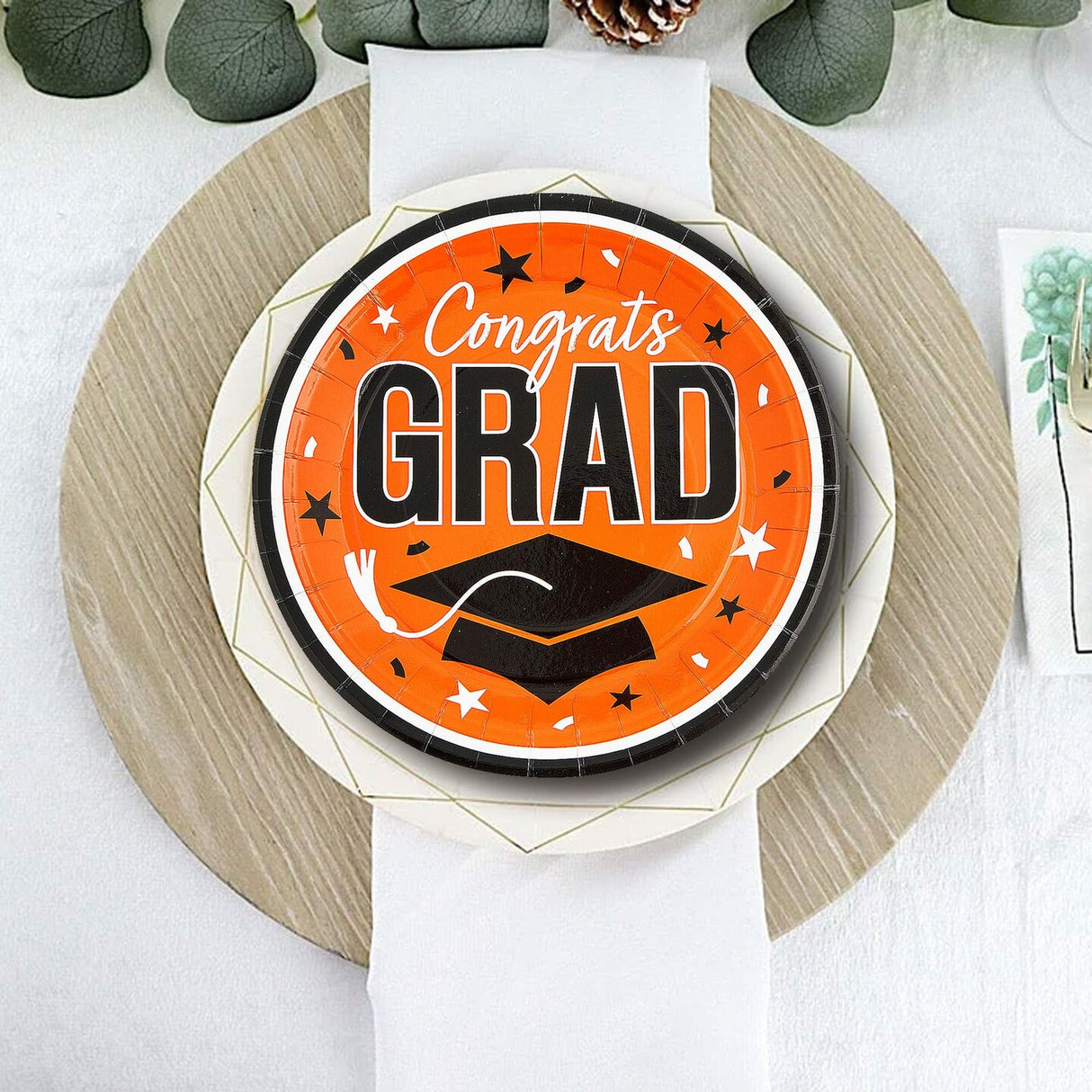 25 Count Orange Congrats Grad Round Paper Plates 9 Inch for Graduation Party Settings
