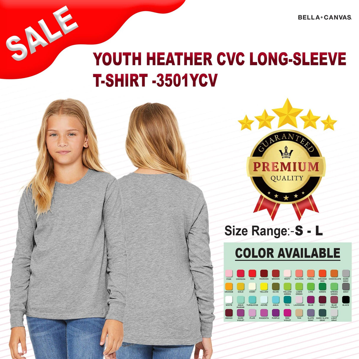 Bella + Canvas® Youth Heather CVC Crewneck Long Sleeve T-Shirt