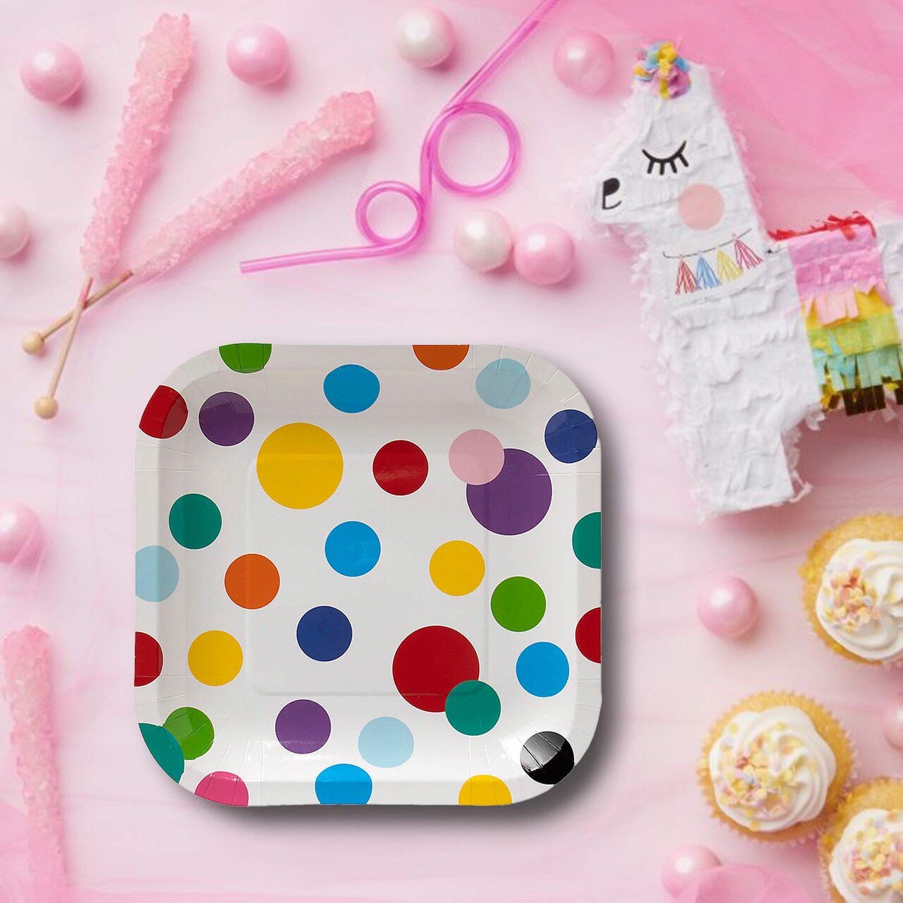 8 Ct. Colorful Polka Dot Square Dessert Plates 7" Disposable Plates, Fun Party Tableware