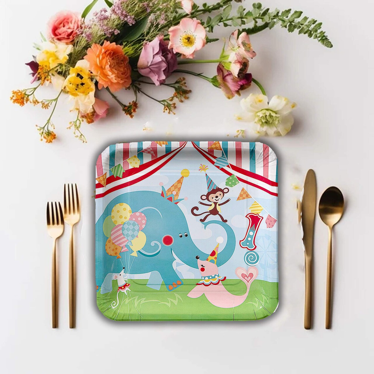 8 Ct.1st Birthday Circus Party Paper Dinner Plates Colorful Animal-Themed Tableware