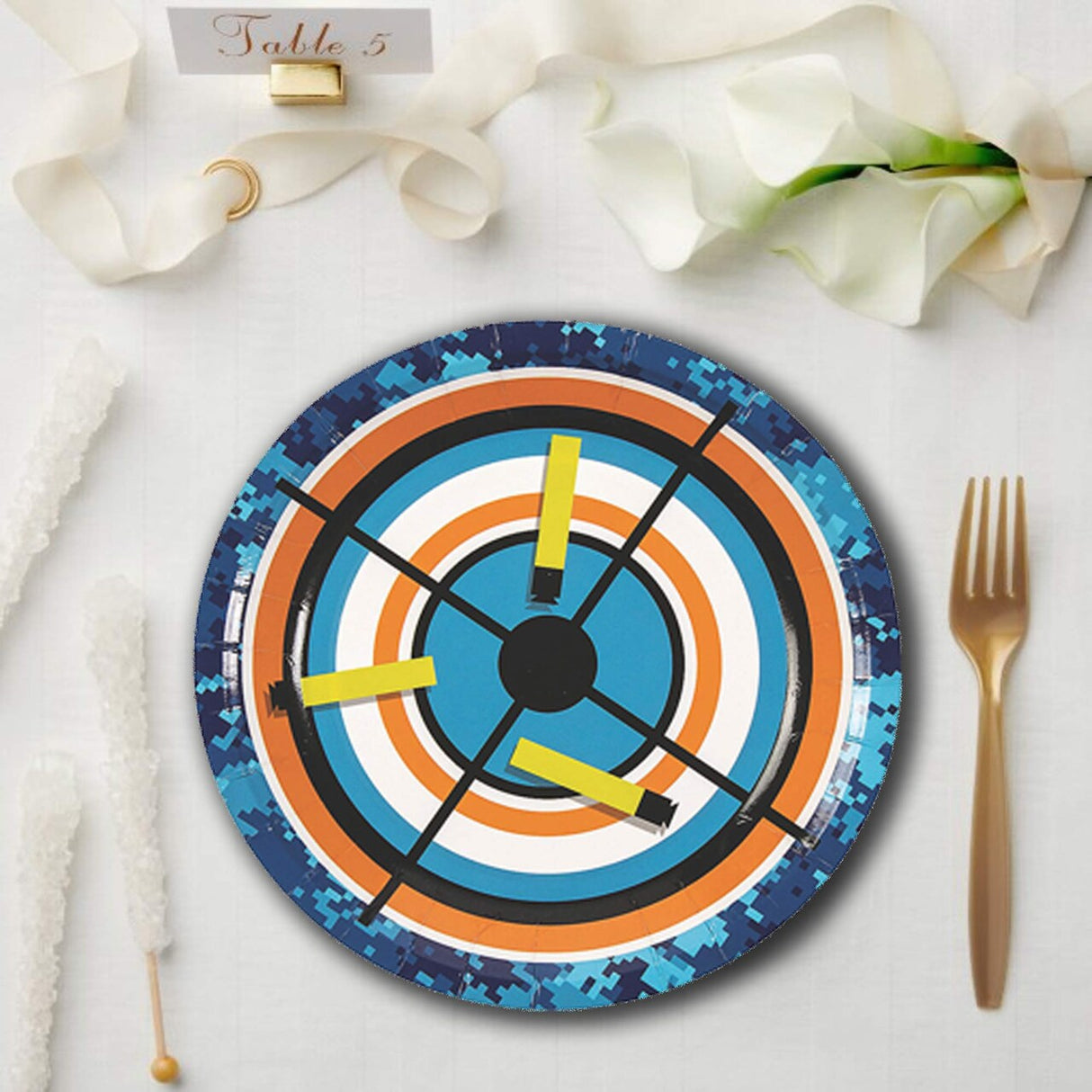 8 Ct. Dart Battle Party Paper Dessert Plates 7-Inch Target Design for Kids’ Birthday