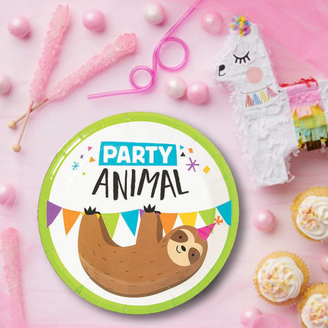 8 Ct. Party Animal Sloth Paper Dessert Plates 7" Disposable Plates, Cute Sloth Birthday Party Tableware