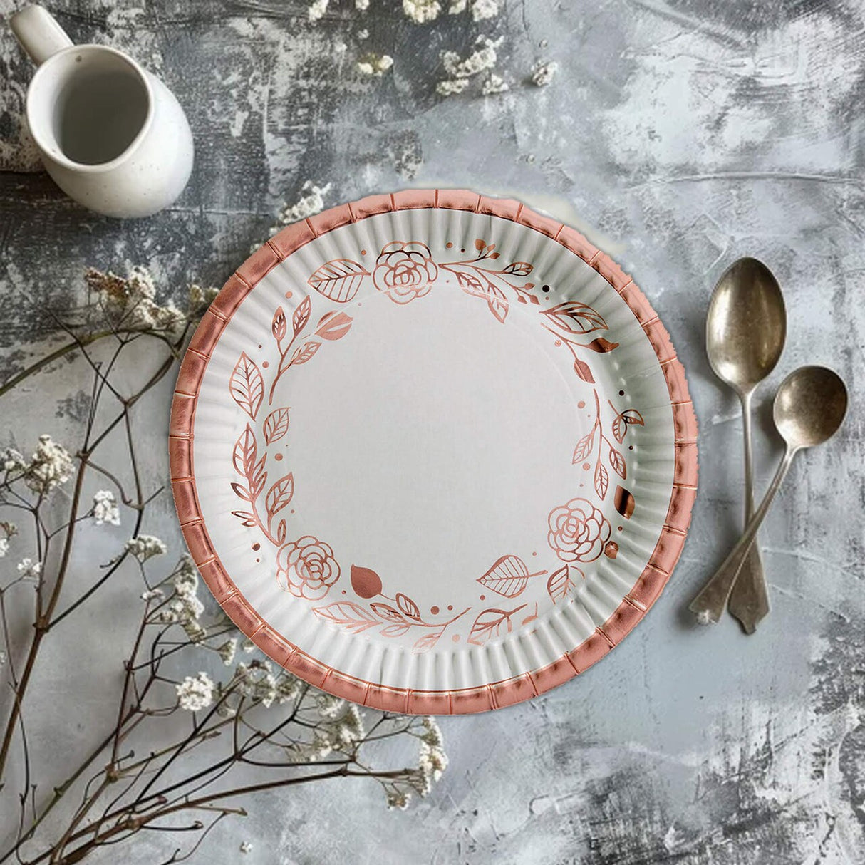 8 Ct. Rose Gold Foil Floral Paper Dessert Plates Elegant Wedding & Bridal Shower Tableware 7"