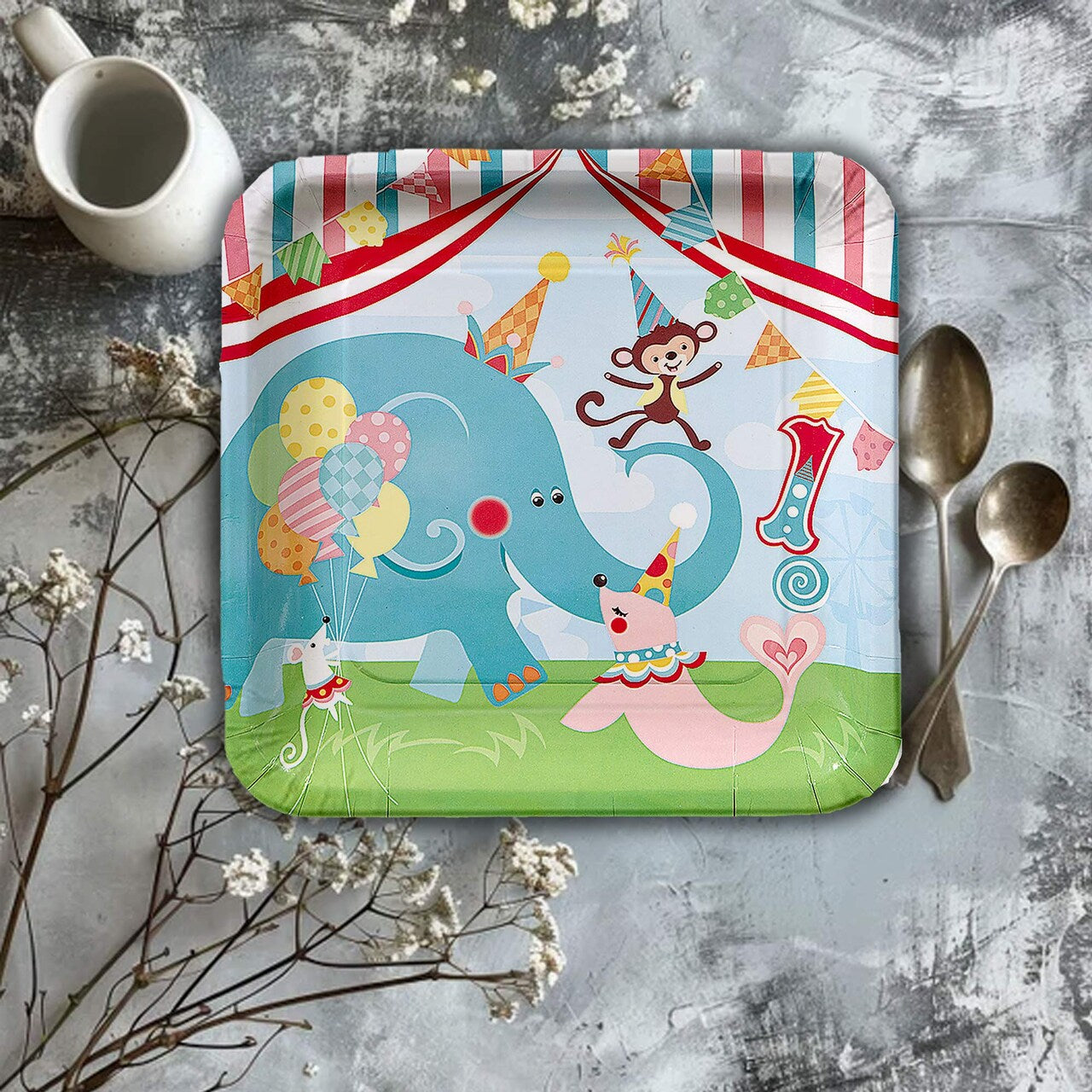 8 Ct.1st Birthday Circus Party Paper Dinner Plates Colorful Animal-Themed Tableware