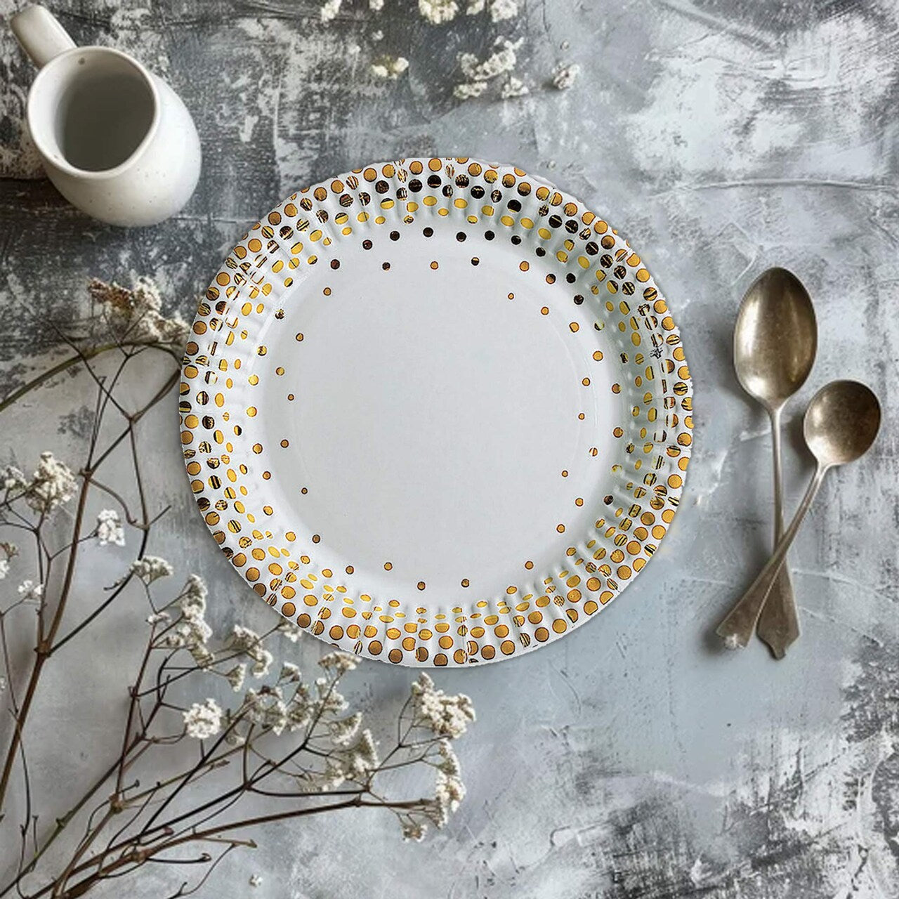 8 Ct. White with Gold Foil Dots Paper Dessert Plates Elegant Wedding Party Tableware 7"