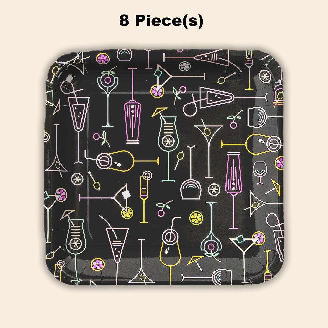 8 Ct. Cocktail Party Square Paper Dinner Plates Neon Drink Design