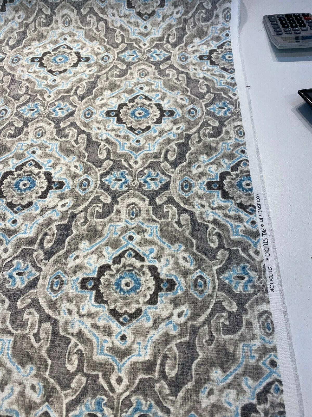 Outdoor Stamped Damask Stone Gray Pkl Studio Polyester Fabric - Gray Charcoal Hint Of Blue And Black, 54" Width (1 Yard)