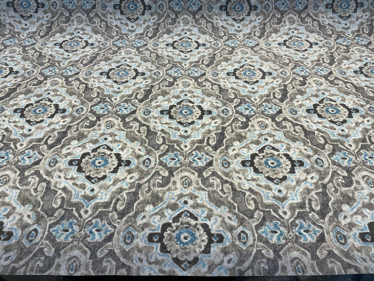 Outdoor Stamped Damask Stone Gray Pkl Studio Polyester Fabric - Gray Charcoal Hint Of Blue And Black, 54" Width (1 Yard)