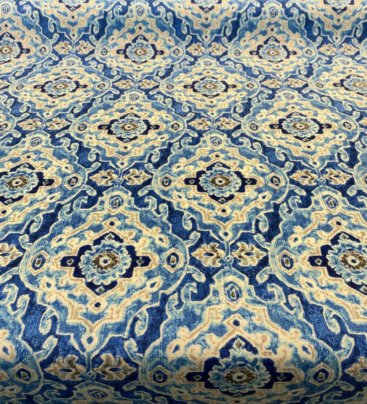 Outdoor Stamped Damask Blue Sea Polyester Fabric - Blue Damask, 54" Width (1 Yard)
