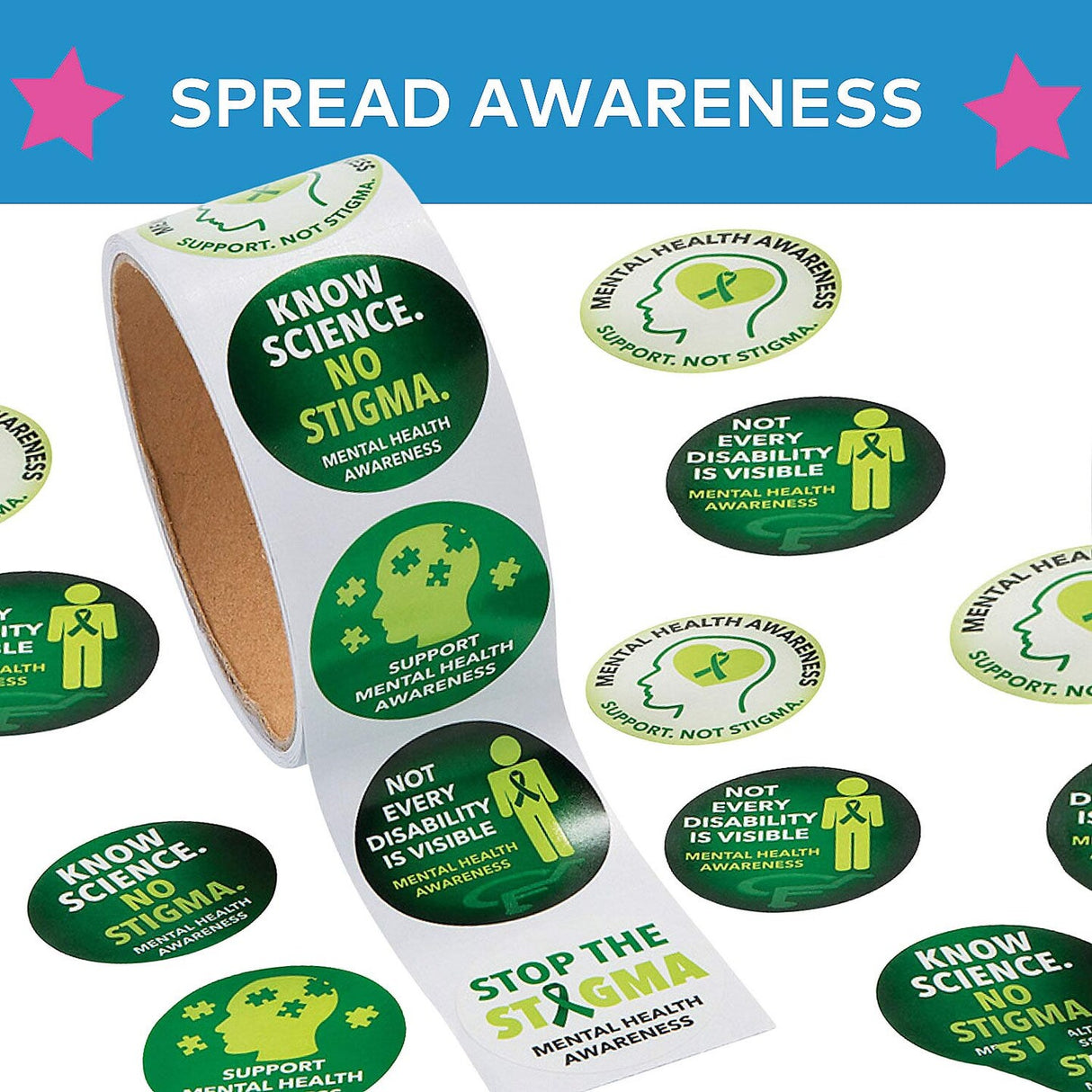 1 1/2" Green Mental Health Awareness Paper Sticker Roll 100 Pc