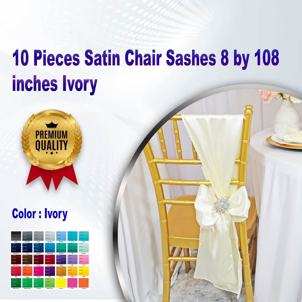 10 Pieces Satin Chair Sashes 8 by 108 inches Ivory