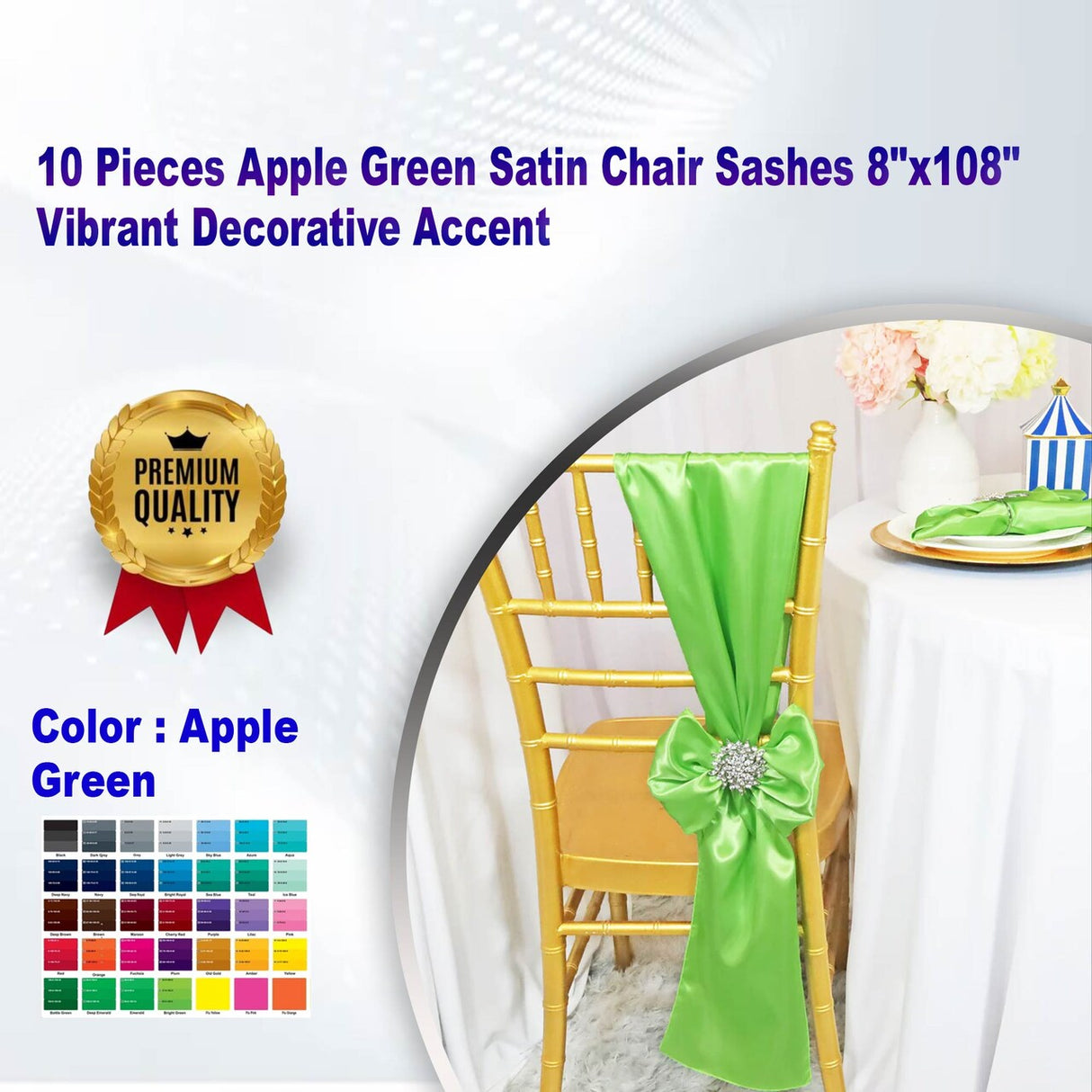 10 Pieces Apple Green Satin Chair Sashes 8"x108" Vibrant Decorative Accent