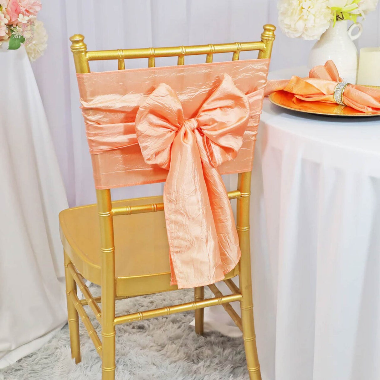 10 Pieces Apricot or Peach Crushed Taffeta Chair Bands 9.5"x108" Elegant Sashes