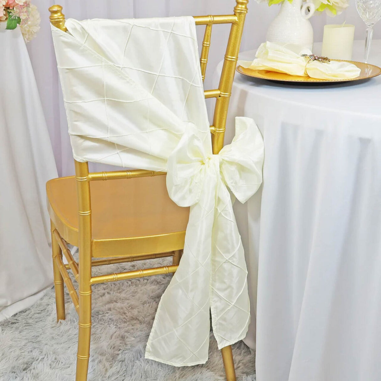 10 Pieces 9.5"x108" Pintuck Taffeta Chair Sashes Ivory