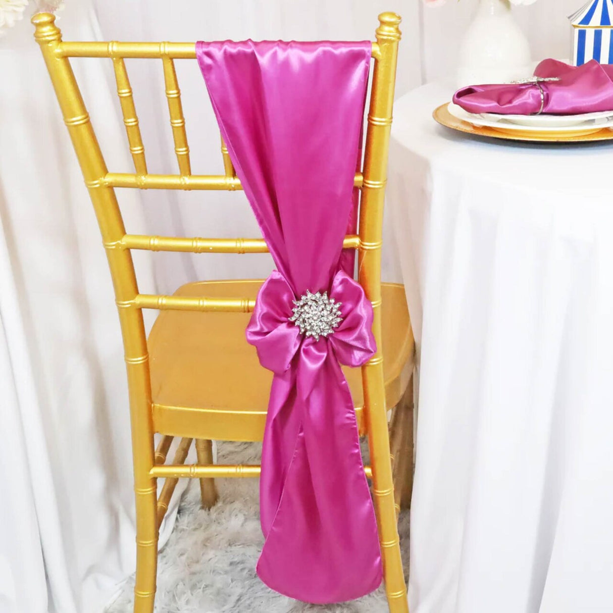 10 Pieces Magenta Azalea Satin Chair Bands, 8"x108" Vibrant Event Wraps