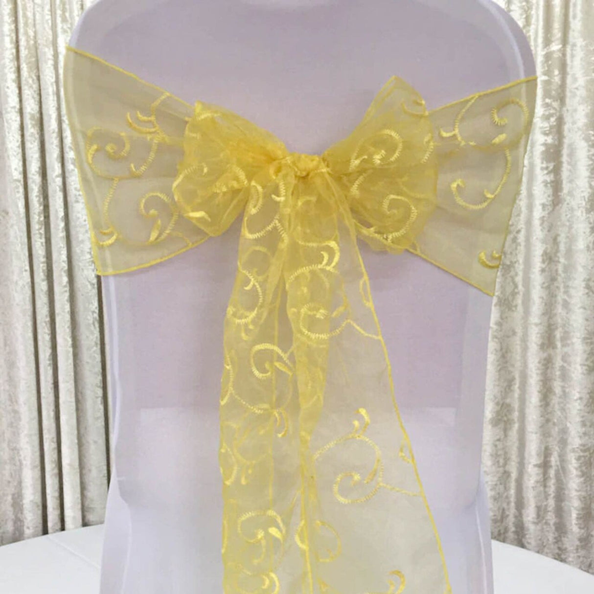 10 Pieces Canary Yellow Embroidered Organza Chair Sashes, Sheer 8"x108" Elegant Decor
