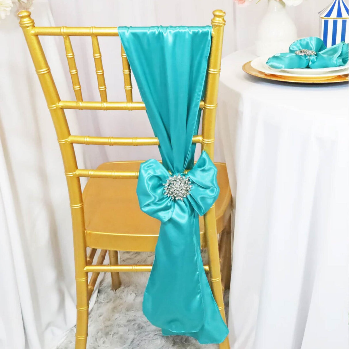 10 Pieces Satin Chair Sashes 8 by 108 inches Pool Blue