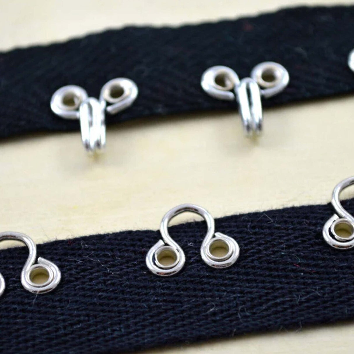 Black and silver Heavy Duty Hook and Eye Tape 7/8" Cotton Twill Trim with Metal Closures