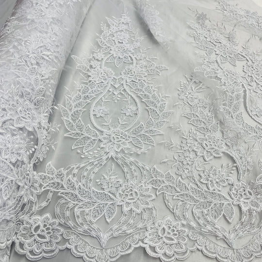 1 Yard Exquisite Corded Bridal Lace Fabric Embroidered on Polyester Net Mesh