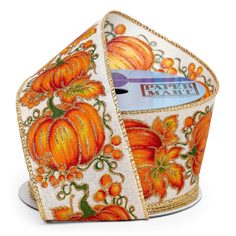 Pumpkin Print On Wired Ribbon 2 1/2 ''x10 yd - Pumpkin Patch Color 1 / ROLL