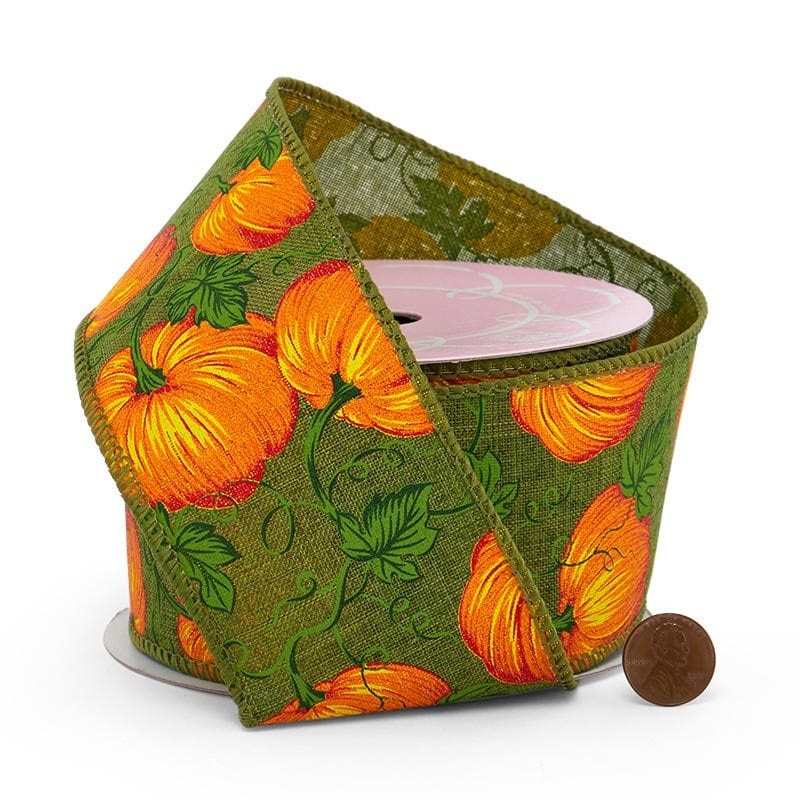 Pumpkin Patch Wired Ribbon  2 1/2 '' x 10 yd Green (Jute)  - 1 / roll