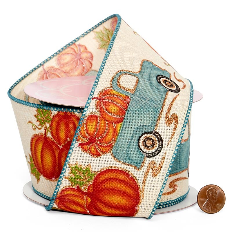 Pumpkin Delivery Truck On Wired Ribbon 2 1/2 '' X 10 yd - 1 / ROLL