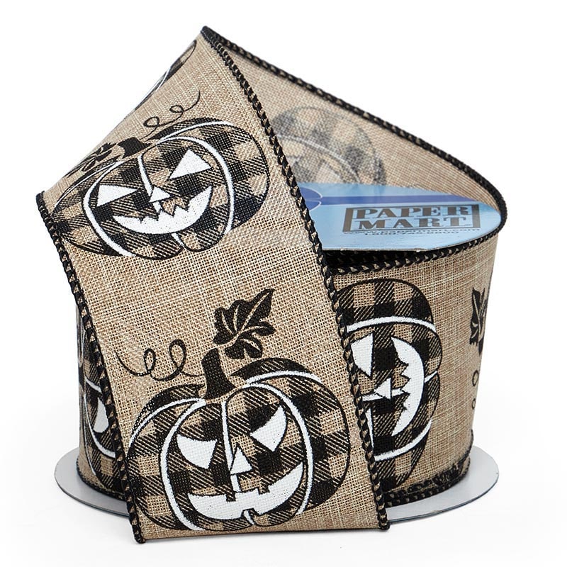 Halloween Pumpkin Wired Ribbon 2 1/2 ''x10 yd - Natural Color 1 / roll