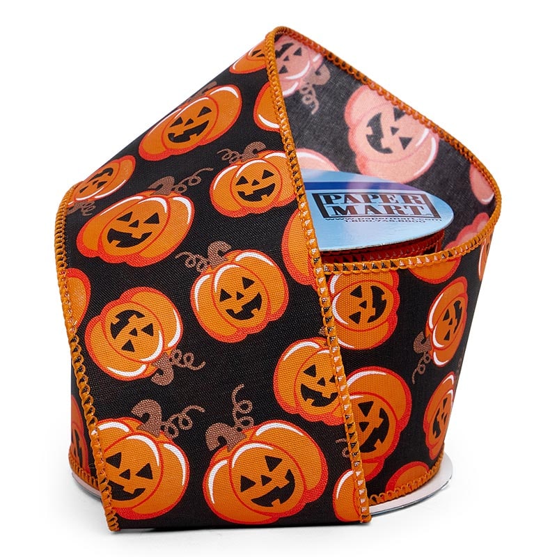 Pumpkin Print On Wired Ribbon 2 1/2 ''x10 yd - Lots of Pumpkins Color 1 / ROLL