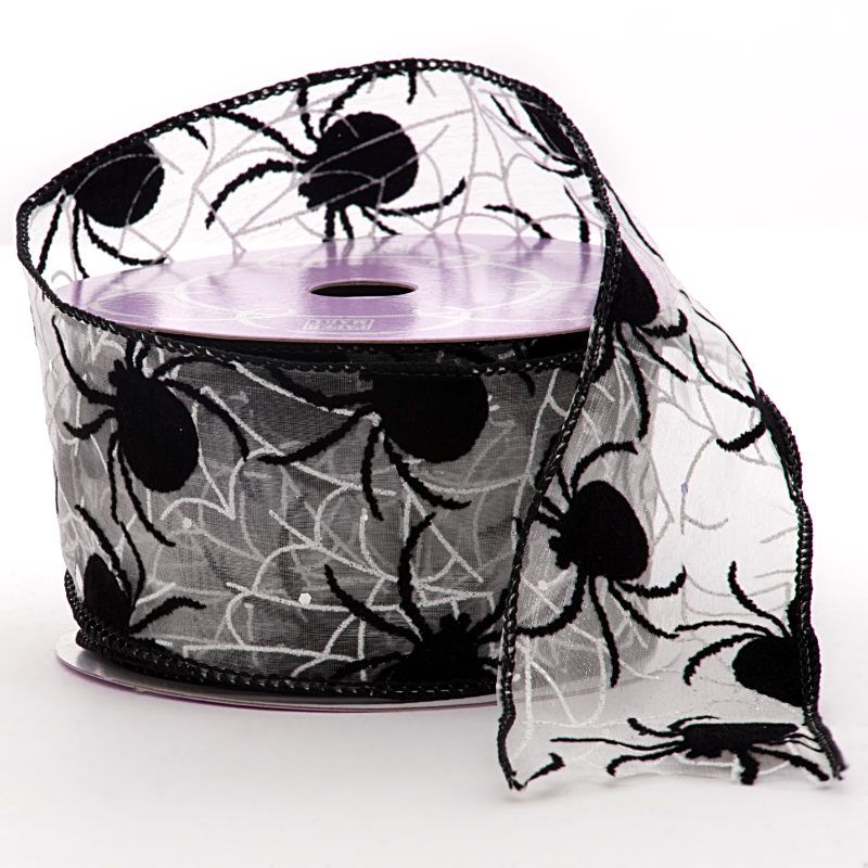Spider Web Flocked Wired Ribbon 2 1/2'' x 10 yd White / Black - 1 / ROLL