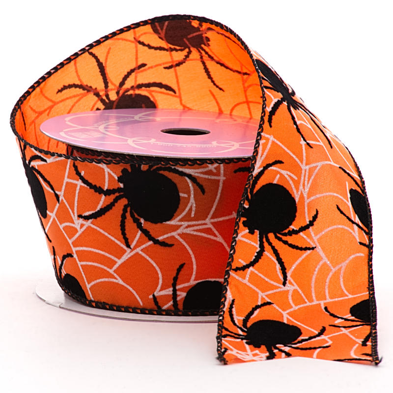 Spider Web Flocked Wired Ribbon 2 1/2'' x 10 yd Orange - 1 / ROLL