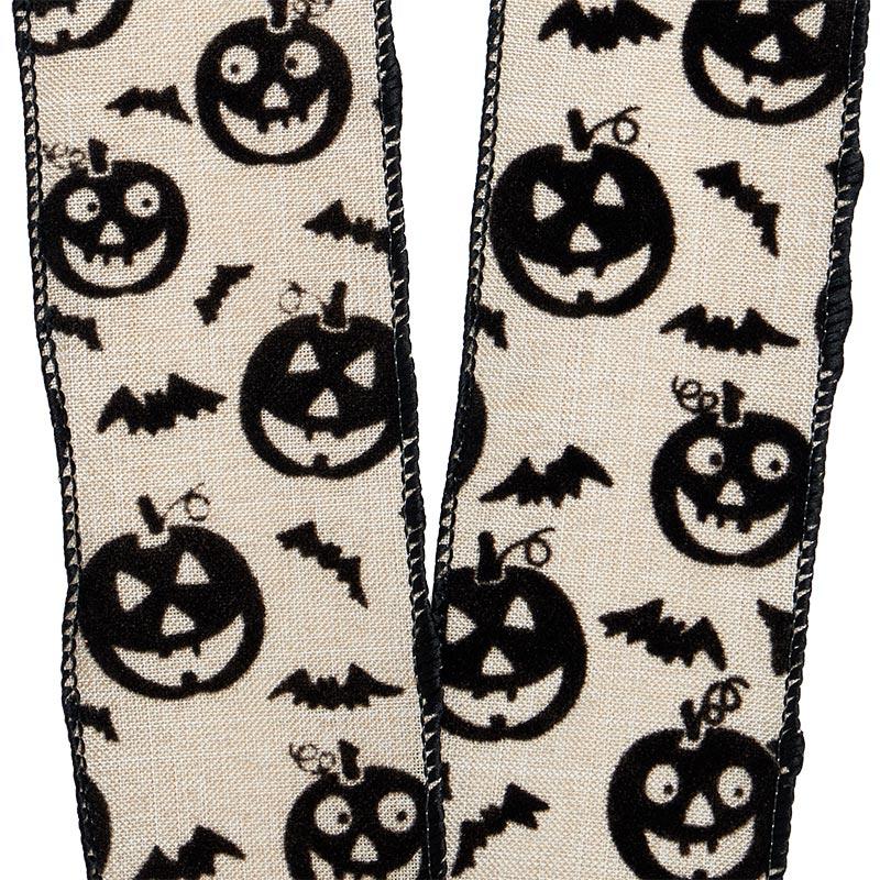 Flocked Pumpkins & Bats On Wired Ribbon 2 1/2 ''x10 yd 1 / ROLL