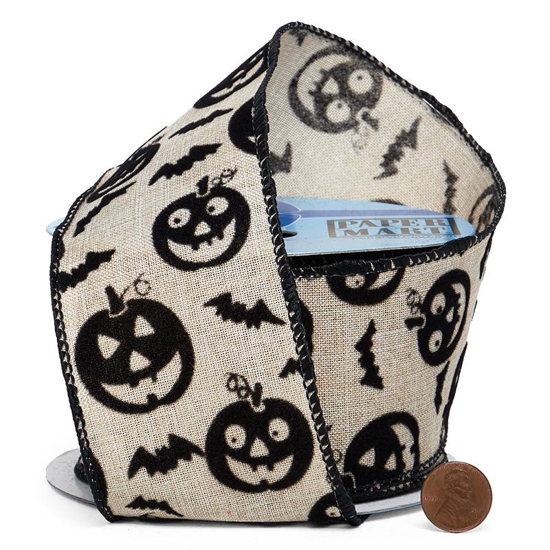 Flocked Pumpkins & Bats On Wired Ribbon 2 1/2 ''x10 yd 1 / ROLL