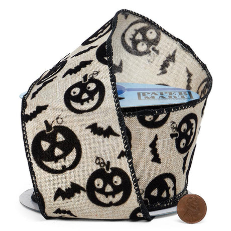 Flocked Pumpkins & Bats On Wired Ribbon 2 1/2 ''x10 yd 1 / ROLL