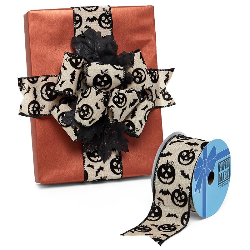 Flocked Pumpkins & Bats On Wired Ribbon 2 1/2 ''x10 yd 1 / ROLL