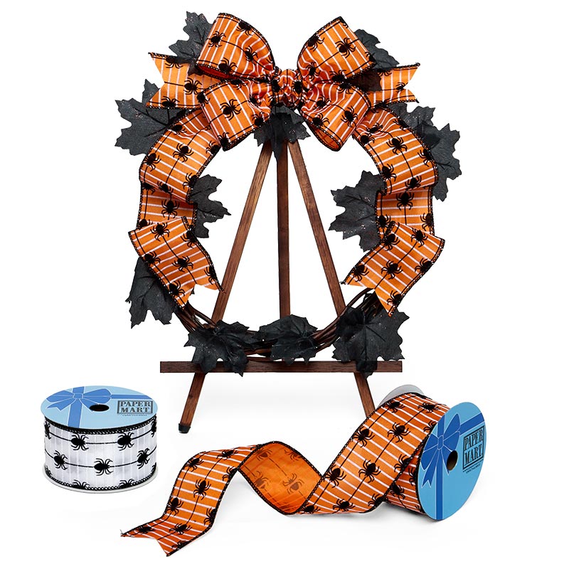 Flocked Spiders On A String Design Wired Ribbon 2 1/2 ''x10 yd - Orange Color 1 / ROLL