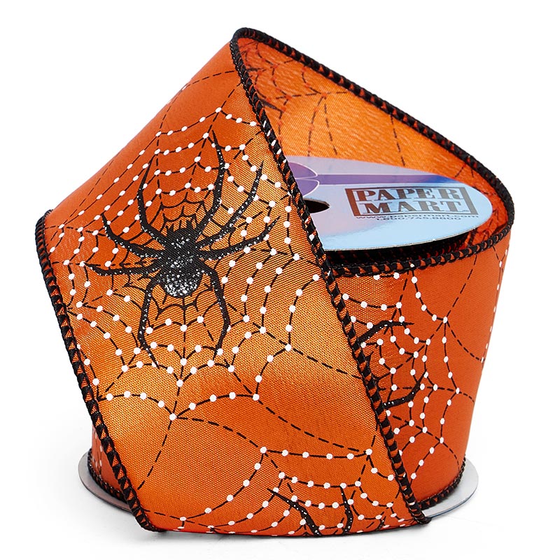 Orange Spider Web Wired Ribbon 2 1/2'' x 10 yd Glitter W/ Spiders - 1 / ROLL