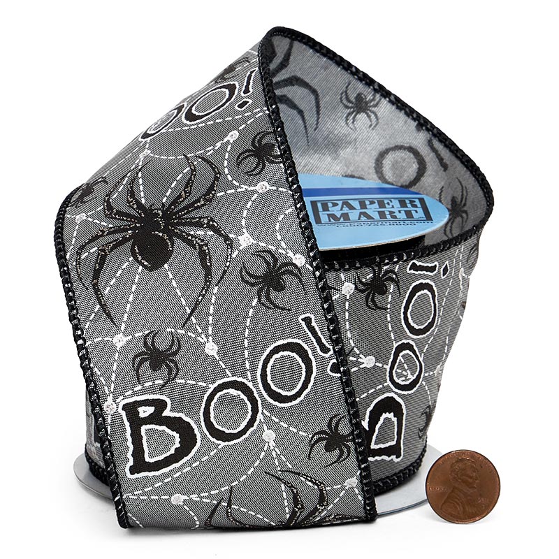 Spider Print & "Boo!" Message On Wired Ribbon 2 1/2 ''x10 yd 1 / ROLL