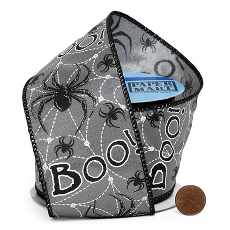Spider Print & "Boo!" Message On Wired Ribbon 2 1/2 ''x10 yd 1 / ROLL