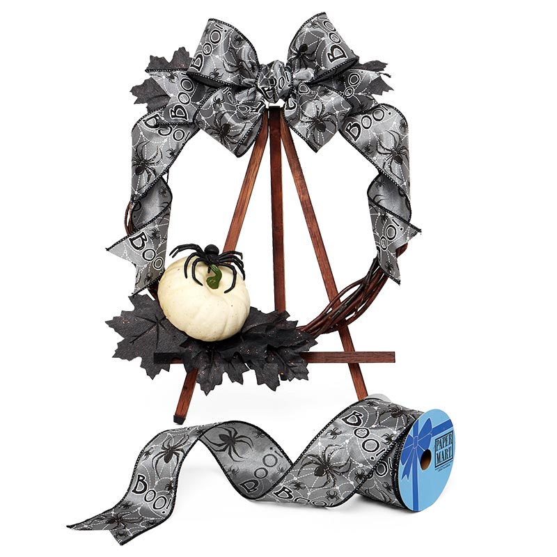 Spider Print & "Boo!" Message On Wired Ribbon 2 1/2 ''x10 yd 1 / ROLL