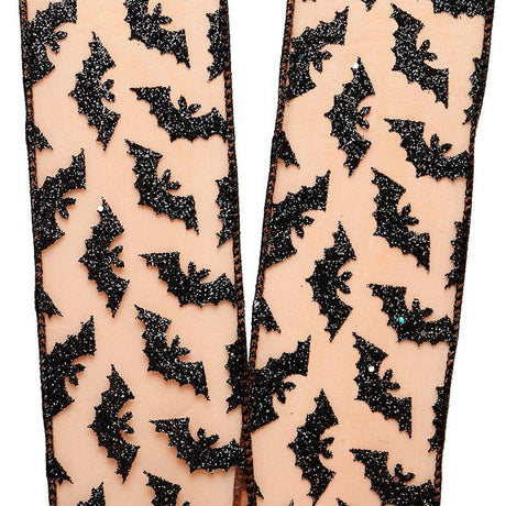 Glitter Bats On Orange Sheer Mesh Wired Ribbon  2 1/2 '' x 10 yd - 1 / ROLL