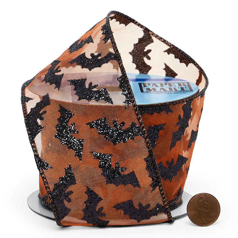 Glitter Bats On Orange Sheer Mesh Wired Ribbon 2 1/2 '' x 10 yd - 1 / ROLL