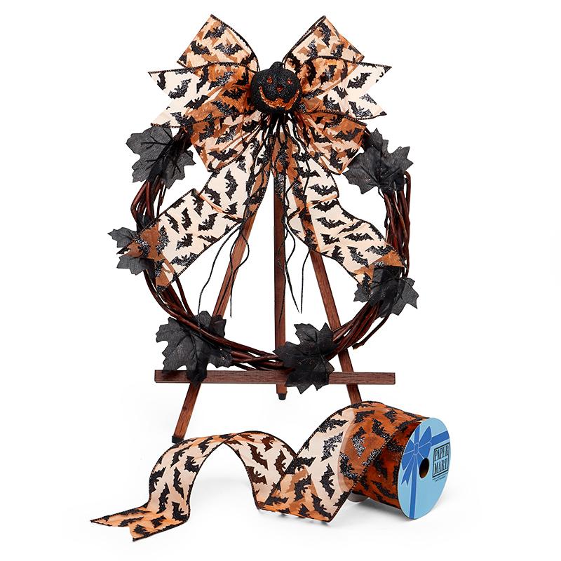 Glitter Bats On Orange Sheer Mesh Wired Ribbon 2 1/2 '' x 10 yd - 1 / ROLL