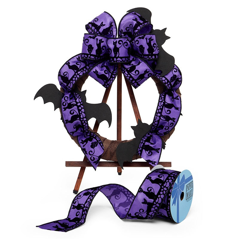 Black Cats On Purple Sheer Satin Wired Ribbon 2 1/2 ''x10 yd 1 / ROLL